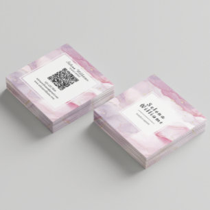 Elegant Pink Watercolor Square Design with QR Code Square Business Card