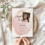 Elegant Pink Watercolor Sweet 16 Photo Birthday Invitation<br><div class="desc">This modern design features a script heading and your custom text on a watercolor splash outlined in a gold geometric shaped frame.  Use the template form to add your text.  The advanced editing menus,  accessed via the Design Tool will allow you to change the fonts and layout.</div>