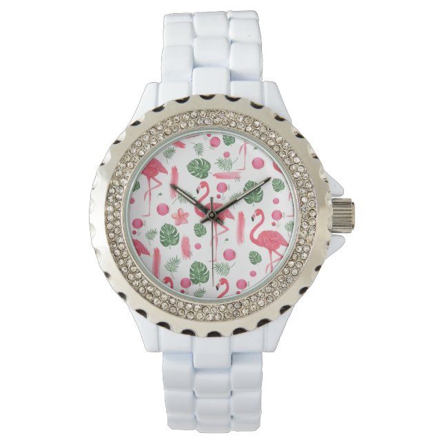 Elegant pink watercolor tropical flamingo floral watch (Front)