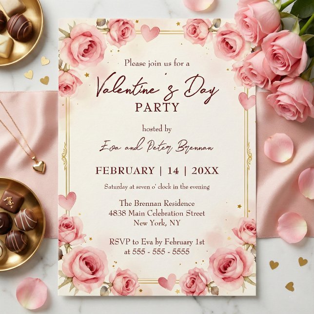 Elegant Pink Watercolor Valentine's Day Party Invitation (Creator Uploaded)