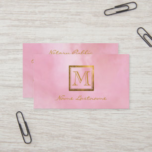 Elegant Pink Watercolor Wash Gold Monogram Notary Business Card