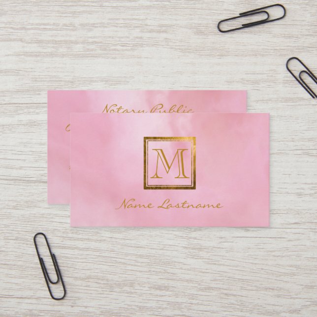 Elegant Pink Watercolor Wash Gold Monogram Notary Business Card (Front/Back In Situ)