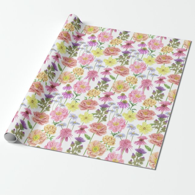 Elegant Pink Watercolor Wildflower Pattern Wrapping Paper (Unrolled)