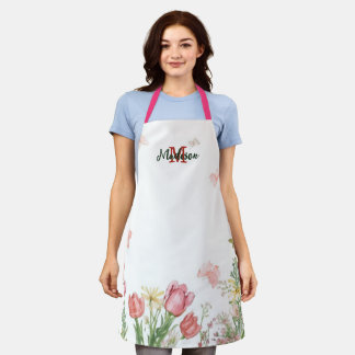 Elegant pink watercolor Wildflower tulip Flower Apron