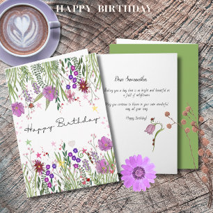 Elegant Pink Watercolor Wildflowers Birthday Card