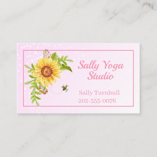 Elegant Pink Watercolor Yellow Sunflower Business Card (Front)