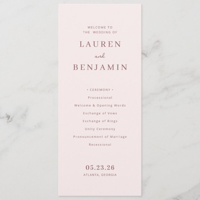 Elegant Pink Wedding Ceremony Outline Programme (Front)