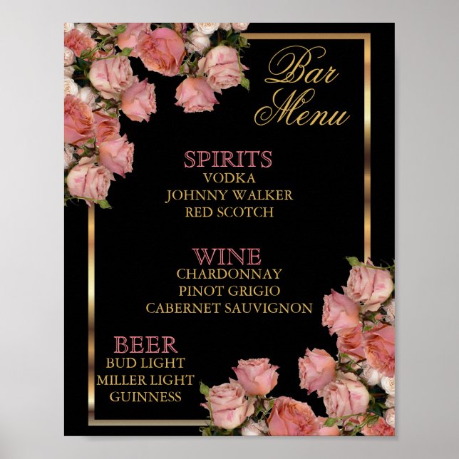 Elegant Pink Wedding Roses  - Bar Menu Poster (Front)