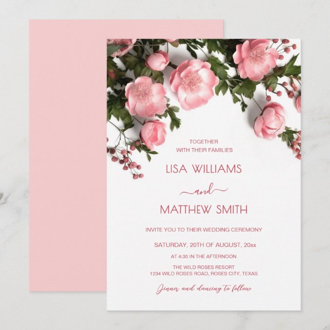 Elegant Pink White 3D Roses Wedding Invitation (Front/Back)