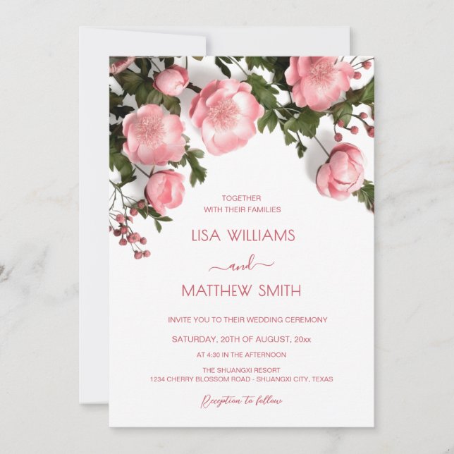 Elegant Pink White 3D Roses Wedding Invitation (Front)