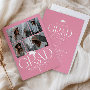 Elegant Pink & White 4 Photo Graduation Party Invitation