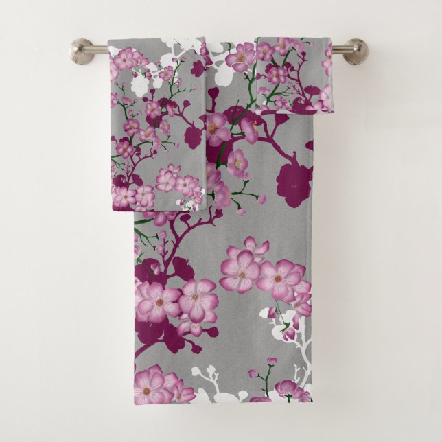 Elegant Pink White Burgundy Cherry Blossoms Bath Towel Set (Insitu)