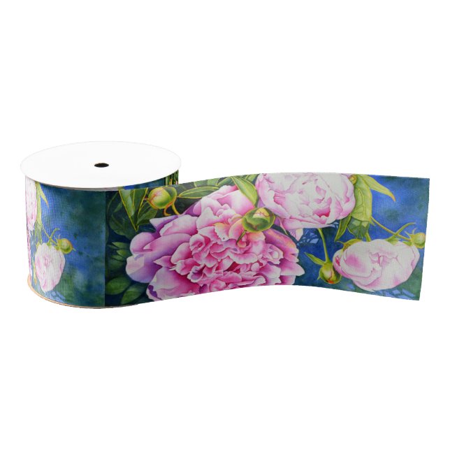 Elegant pink white classic watercolor floral grosgrain ribbon (Spool)