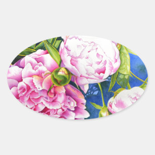 Elegant pink white classic watercolor floral oval sticker