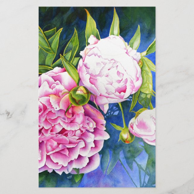 Elegant pink white classic watercolor floral stationery (Front)