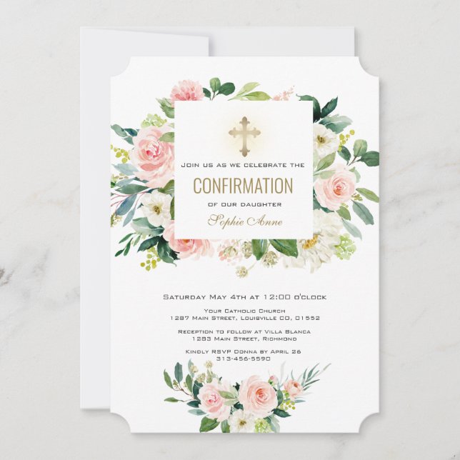 Elegant Pink White Floral Cross Confirmation Invitation (Front)