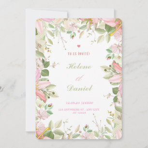 Elegant Pink & White Floral French Invitation Card