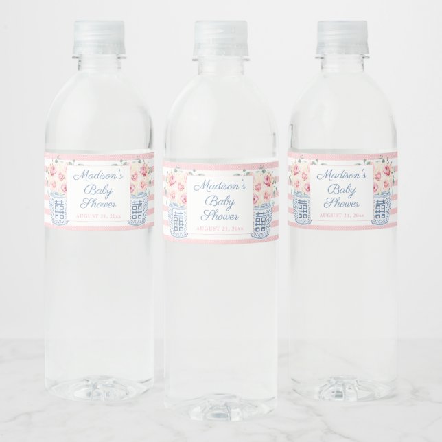 Elegant Pink & White Floral Girl Baby Shower Party Water Bottle Label (Bottles)