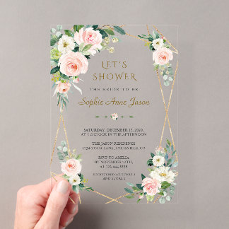 Elegant Pink White Floral Gold Frame Bridal Shower Acrylic Invitations