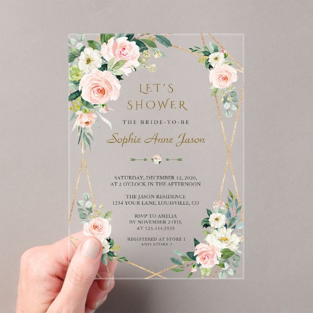 Elegant Pink White Floral Gold Frame Bridal Shower Acrylic Invitations (Insitu (Handheld))
