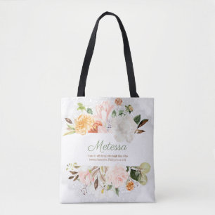 Elegant Pink White Floral Lace Phil. 4:13 Tote Bag