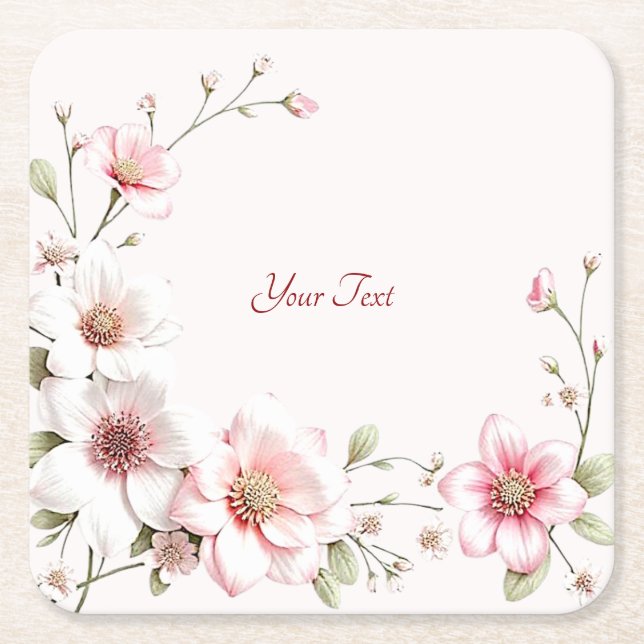 Elegant Pink White Floral Paper Coaster (Front)