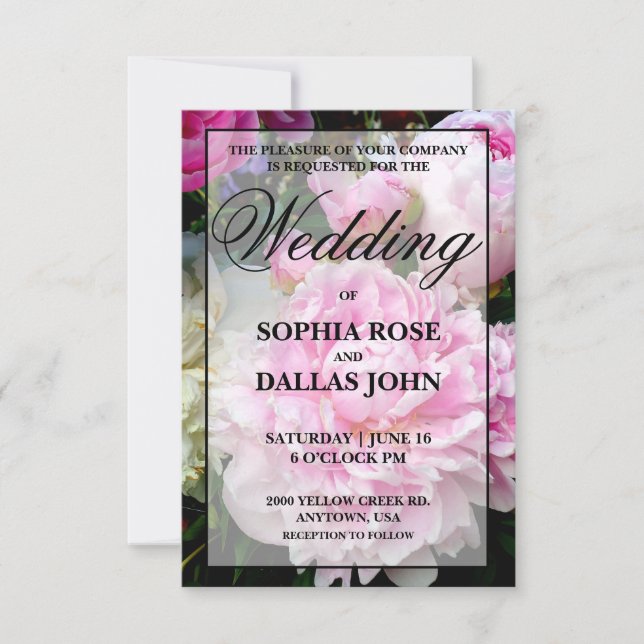 Elegant pink white floral peony Wedding Invitation (Front)