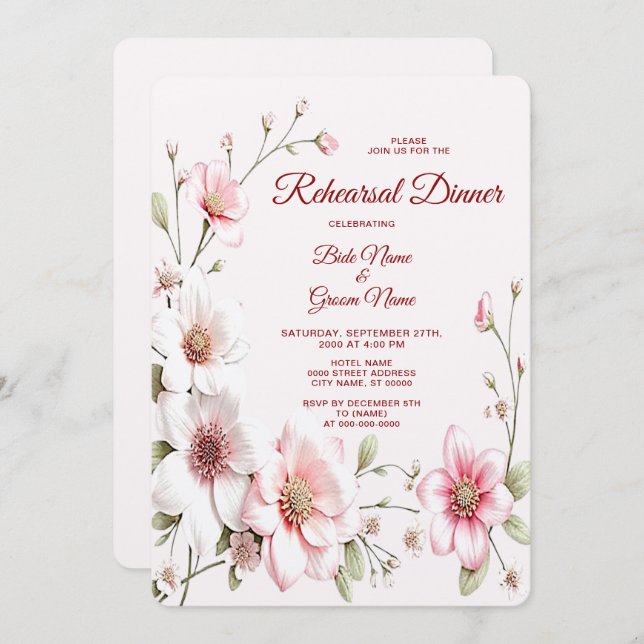 Elegant Pink White Floral Rehearsal Dinner Invitation (Front/Back)