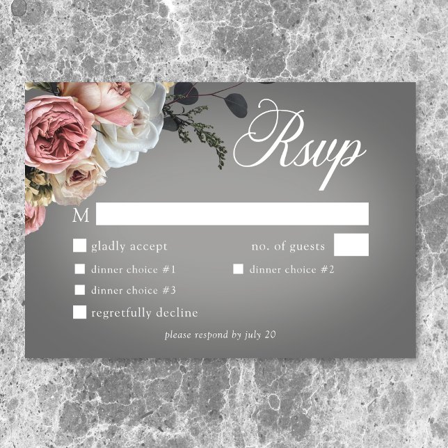 Elegant Pink White Floral Rose Grey Wedding Dinner RSVP Card (Elegant Pink White Floral Rose Gray Wedding Dinner RSVP Card)
