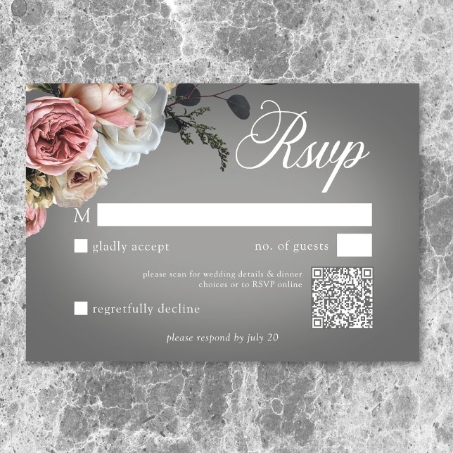 Elegant Pink White Floral Rose Grey Wedding QR RSVP Card (Elegant Pink White Floral Rose Gray Wedding QR Code RSVP Card)