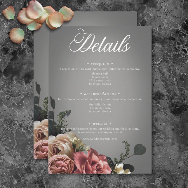 Elegant Pink White Floral Roses Grey Wedding Enclosure Card (Elegant Pink White Floral Roses Gray Wedding Enclosure Card)