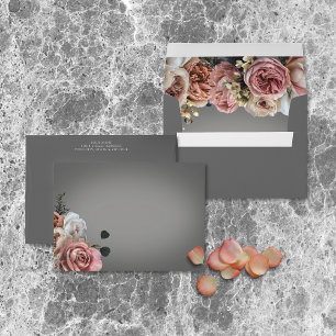 Elegant Pink White Floral Roses Grey Wedding Envelope
