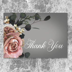 Elegant Pink White Floral Roses Grey Wedding Thank You Card