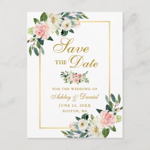 Elegant Pink White Floral Save the Date Gold Announcement Postcard