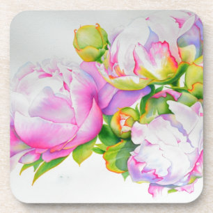 Elegant pink white floral watercolor painting coaster