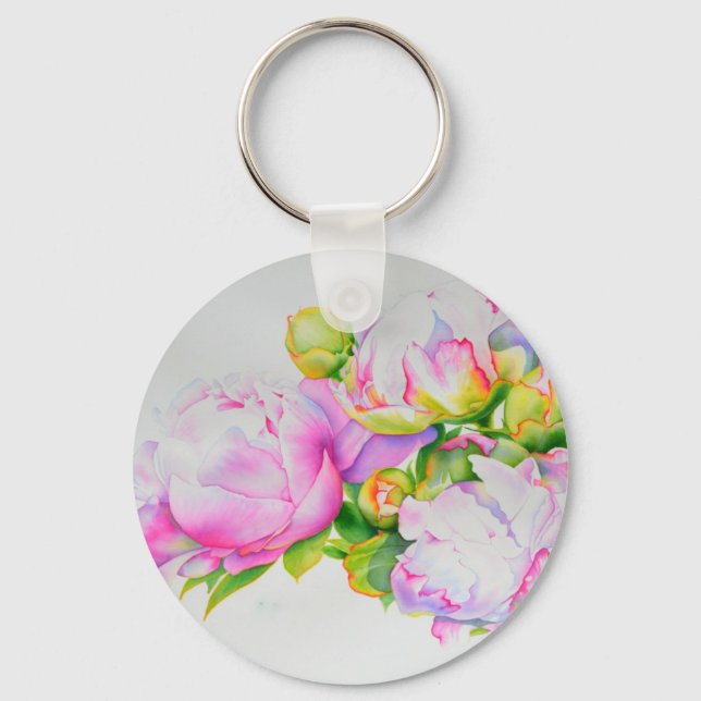Elegant pink white floral watercolor painting key ring (Front)