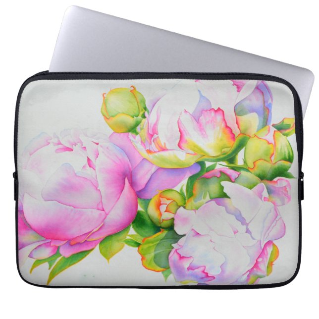 Elegant pink white floral watercolor painting laptop sleeve (Front)