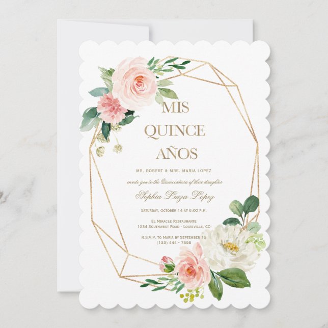 Elegant Pink White Flowers Gold Quinceañera Invitation (Front)