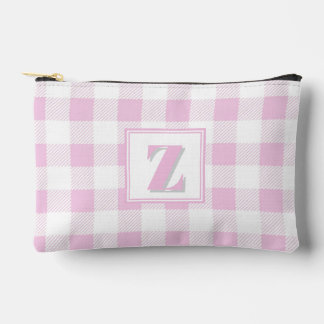 Elegant pink white gingham customisable monogram accessory pouch