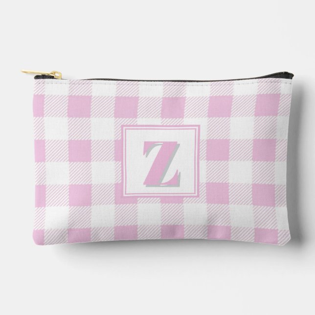 Elegant pink white gingham customisable monogram  accessory pouch (Front)
