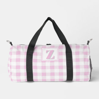 Elegant pink white gingham customisable monogram duffle bag