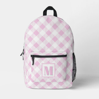 Elegant pink white gingham customisable monogram printed backpack