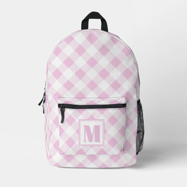 Elegant pink white gingham customisable monogram  printed backpack (Front)