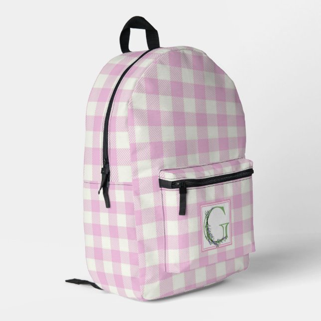 Elegant pink white gingham monogram letter G Printed Backpack (Back Corner Left)