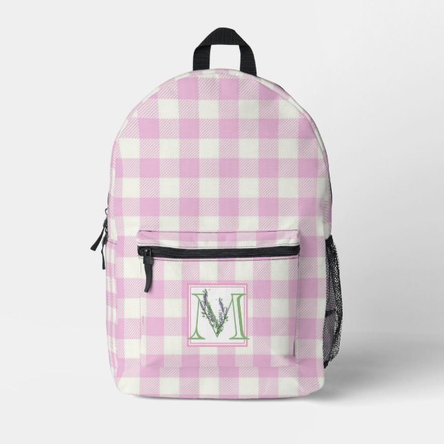 Elegant pink white gingham monogram letter M Printed Backpack (Front)