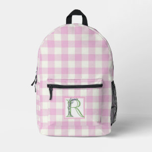 Elegant pink white gingham monogram letter R Printed Backpack