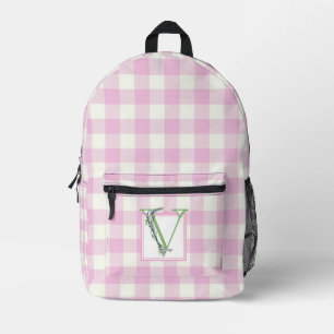 Elegant pink white gingham monogram letter V Printed Backpack
