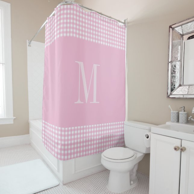 Elegant Pink &white gingham monogram Shower Curtain (In Situ)