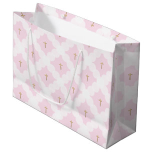 Elegant pink white gold cross pattern baptism large gift bag