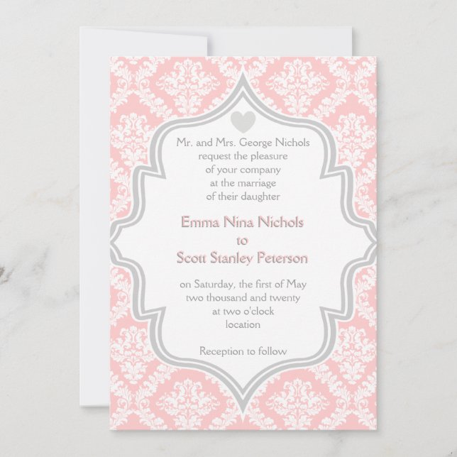 Elegant pink, white, grey damask wedding invitation (Front)